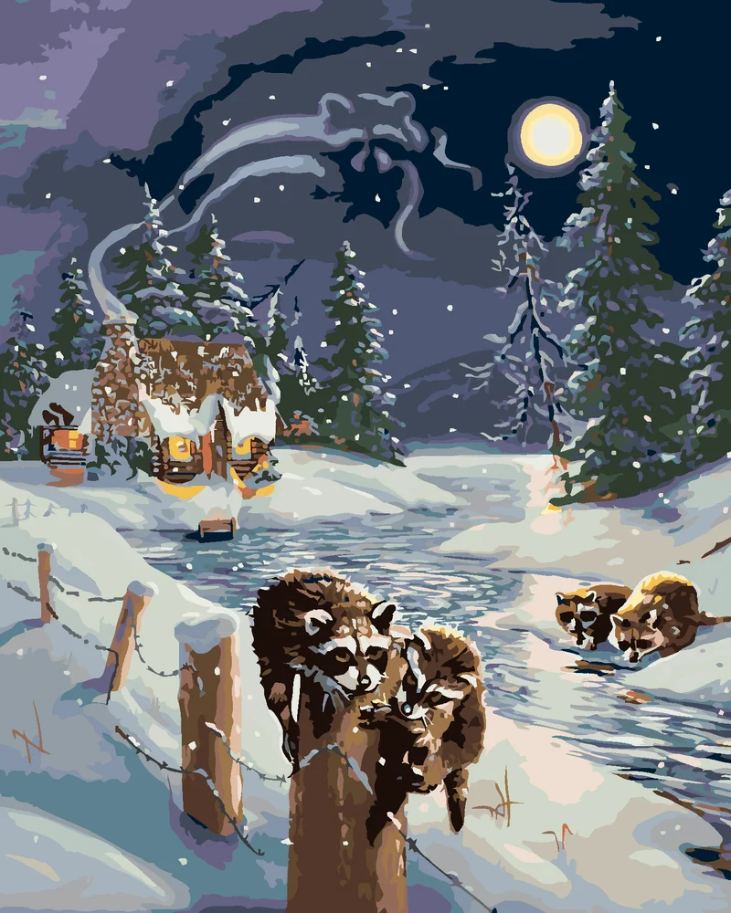 Diamond painting - WASCHBÄR AM FLUSS UND HÜTTE IM WINTER (D. RUSTY RUST)