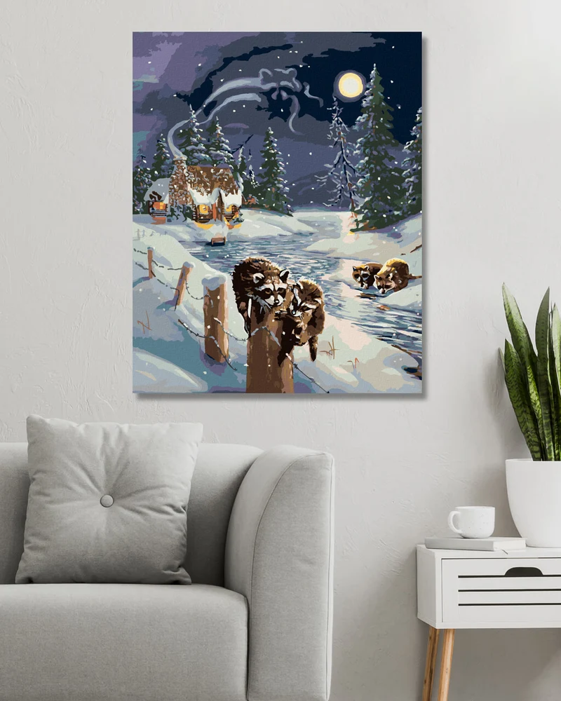 Diamond painting - WASCHBÄR AM FLUSS UND HÜTTE IM WINTER (D. RUSTY RUST)