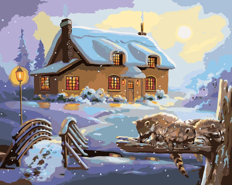 Diamond painting - WASCHBÄR UND HAUS IM WINTER (D. RUSTY RUST)