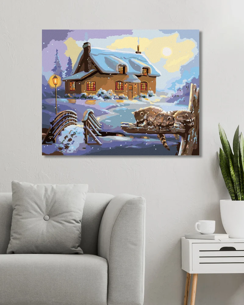 Diamond painting - WASCHBÄR UND HAUS IM WINTER (D. RUSTY RUST)