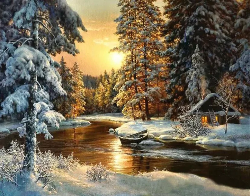 Malen nach Zahlen Sonnenuntergang mit Schnee