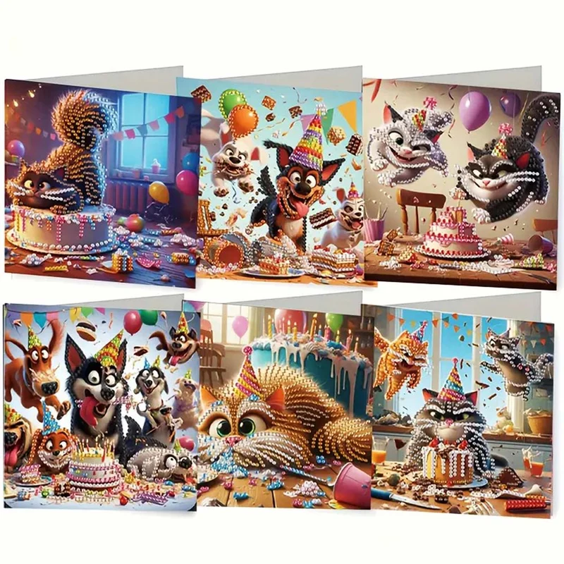 5D Diamond Painting Grußkarten – Tierischer Geburtstagskuchen-Chaos