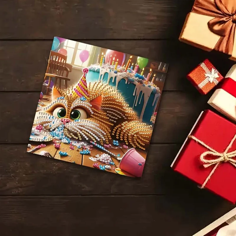 5D Diamond Painting Grußkarten – Tierischer Geburtstagskuchen-Chaos