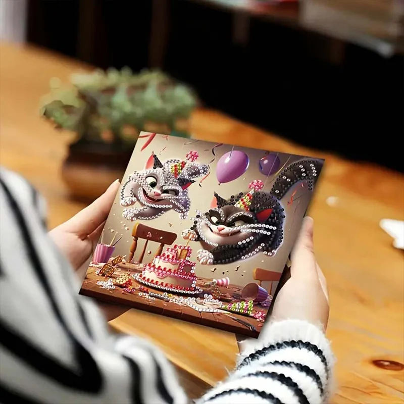 5D Diamond Painting Grußkarten – Tierischer Geburtstagskuchen-Chaos