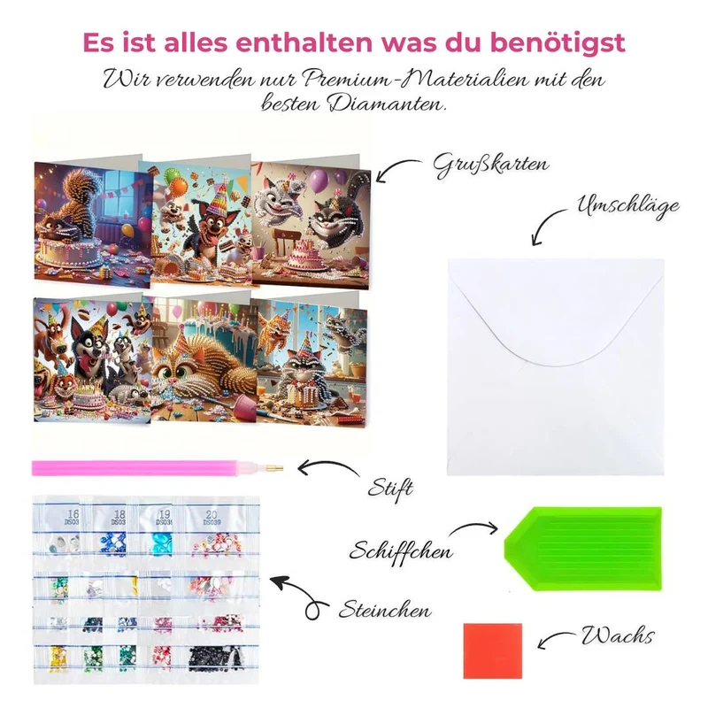 5D Diamond Painting Grußkarten – Tierischer Geburtstagskuchen-Chaos