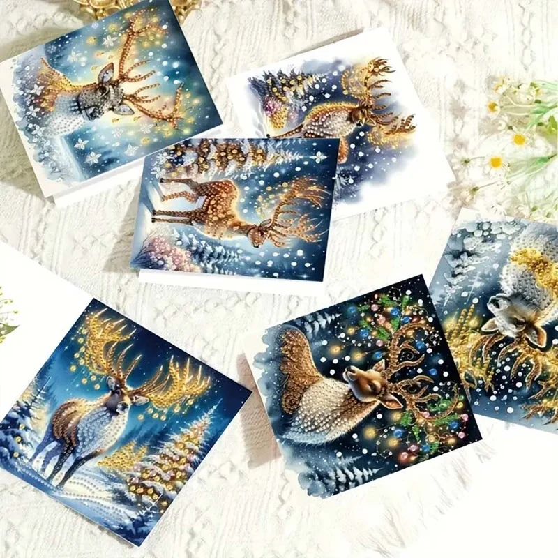 5D Diamond Painting Grußkarten – Winterhirsche im Lichterglanz