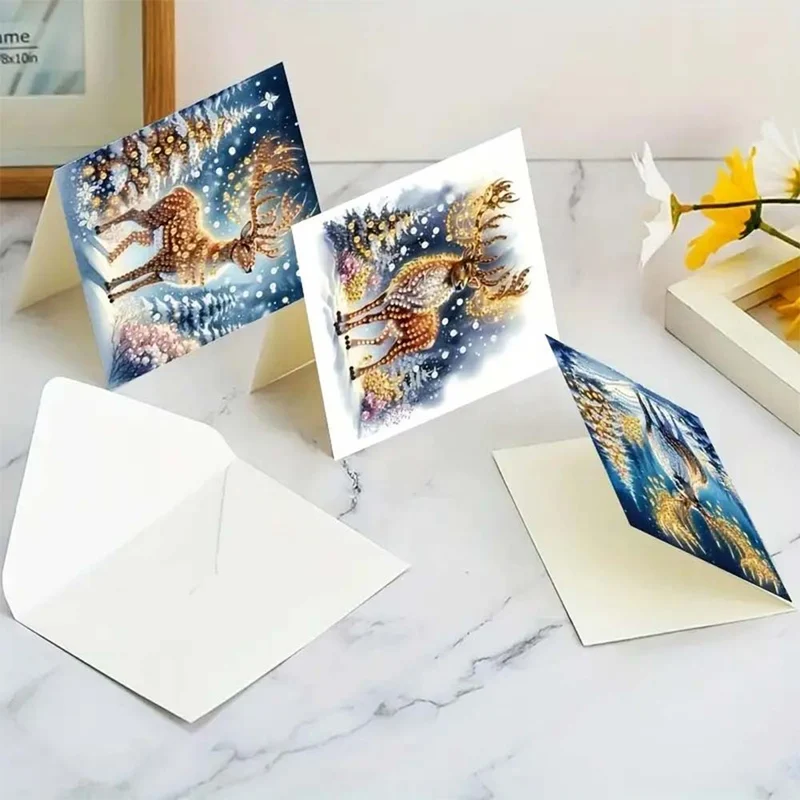 5D Diamond Painting Grußkarten – Winterhirsche im Lichterglanz