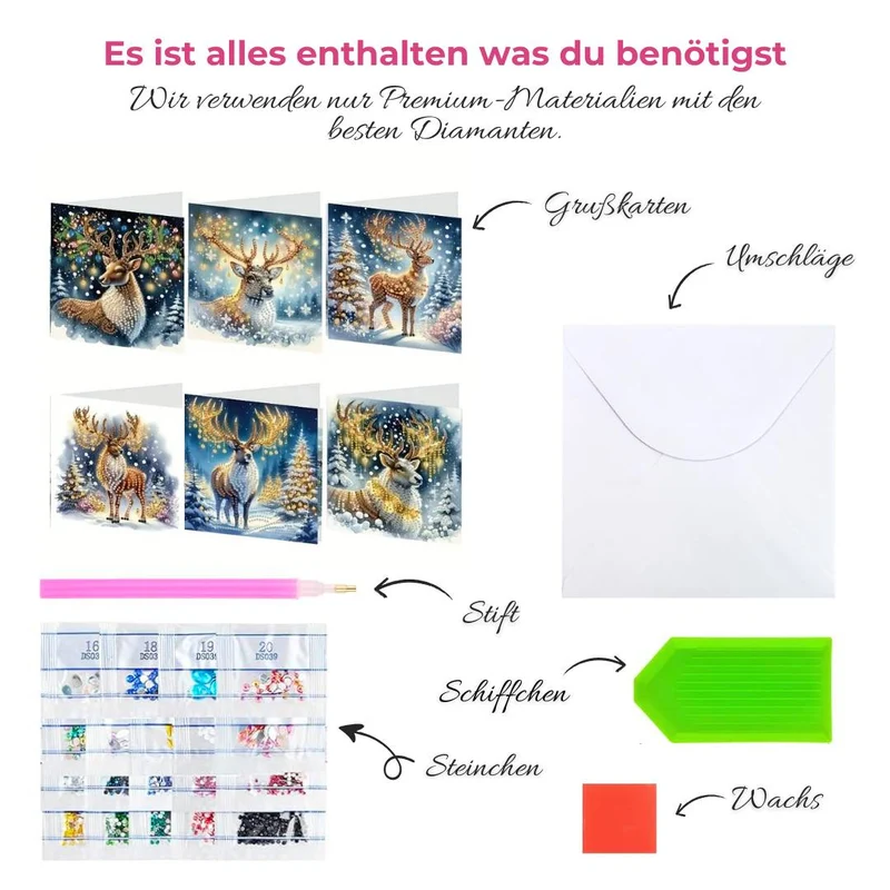 5D Diamond Painting Grußkarten – Winterhirsche im Lichterglanz