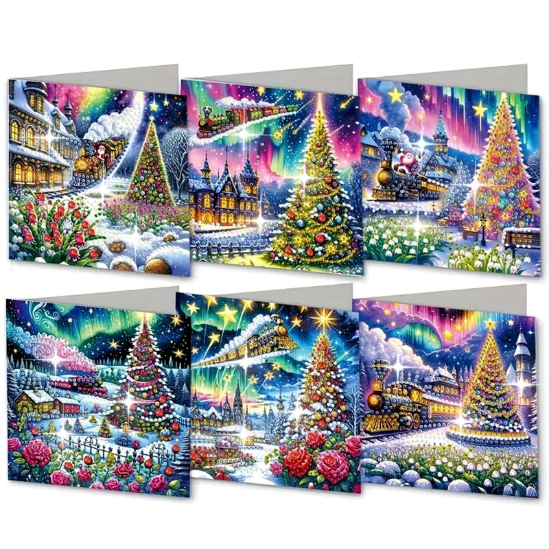 5D Diamond Painting Grußkarten – Weihnachtszug & Nordlichter-Magie
