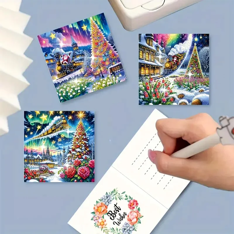 5D Diamond Painting Grußkarten – Weihnachtszug & Nordlichter-Magie