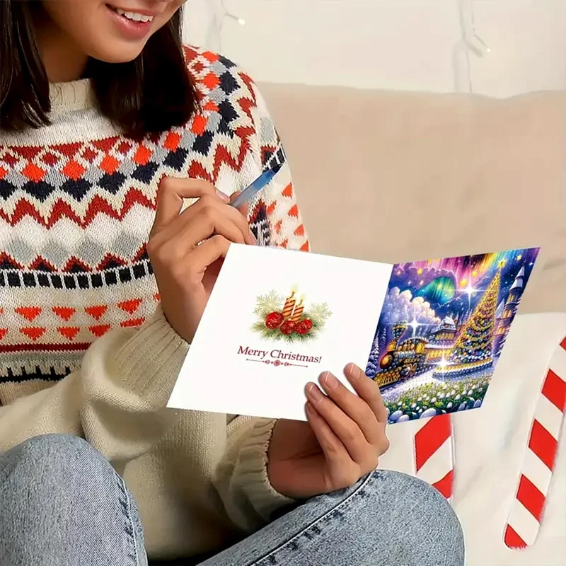 5D Diamond Painting Grußkarten – Weihnachtszug & Nordlichter-Magie