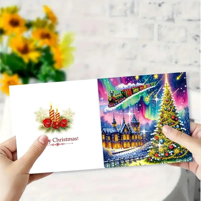 5D Diamond Painting Grußkarten – Weihnachtszug & Nordlichter-Magie