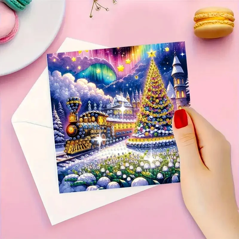 5D Diamond Painting Grußkarten – Weihnachtszug & Nordlichter-Magie
