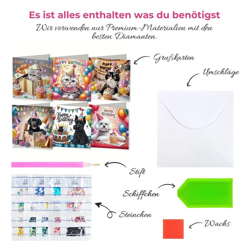 5D Diamond Painting Grußkarten – Tierische Geburtstagsfreude