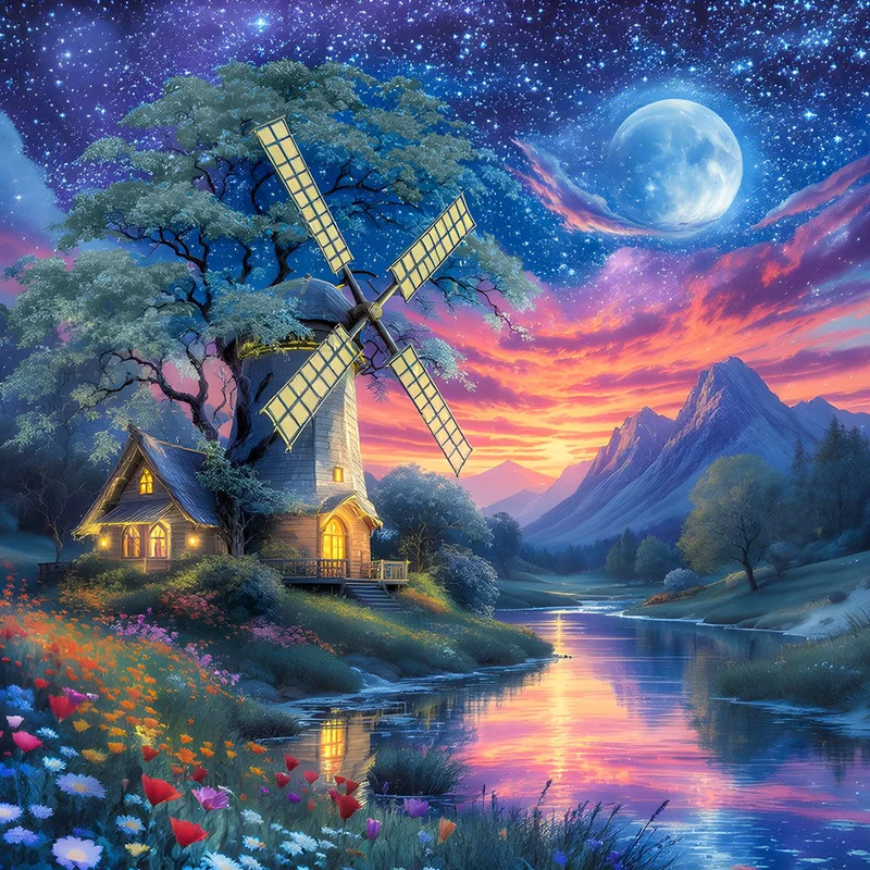 5D Diamond Painting – Mühlenzauber im Abendlicht