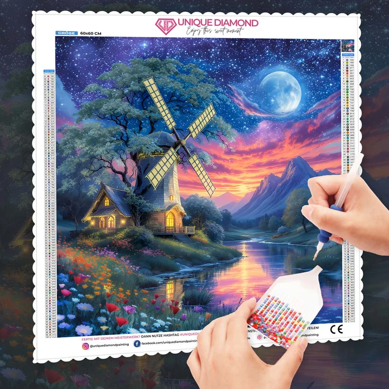 5D Diamond Painting – Mühlenzauber im Abendlicht