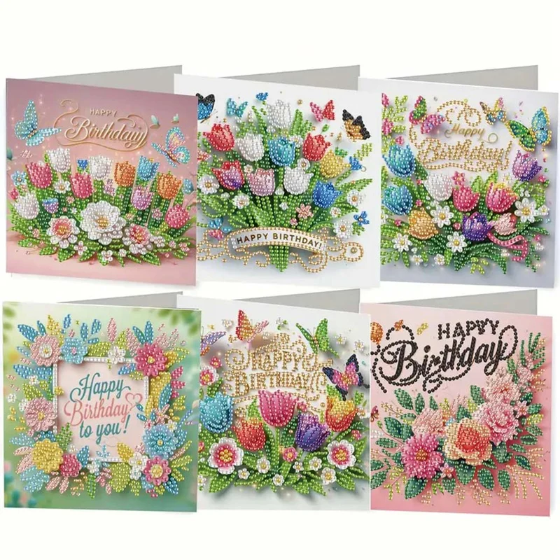5D Diamond Painting Grußkarten – Geburtstagsblumen mit Schmetterlingen