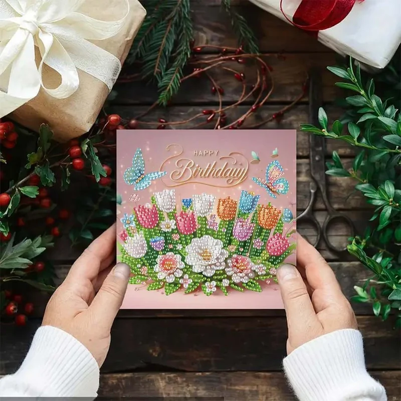5D Diamond Painting Grußkarten – Geburtstagsblumen mit Schmetterlingen
