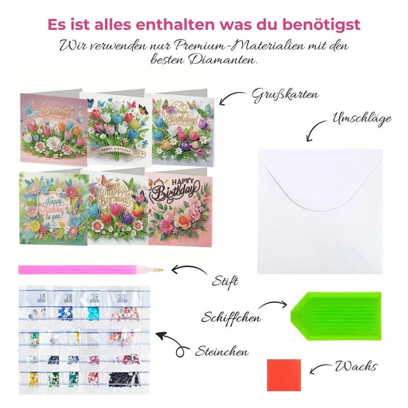 5D Diamond Painting Grußkarten – Geburtstagsblumen mit Schmetterlingen