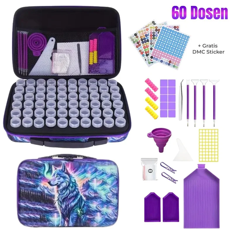 Diamond Painting Koffer Wolf mit 60/70/120 Dosen + Zubehör