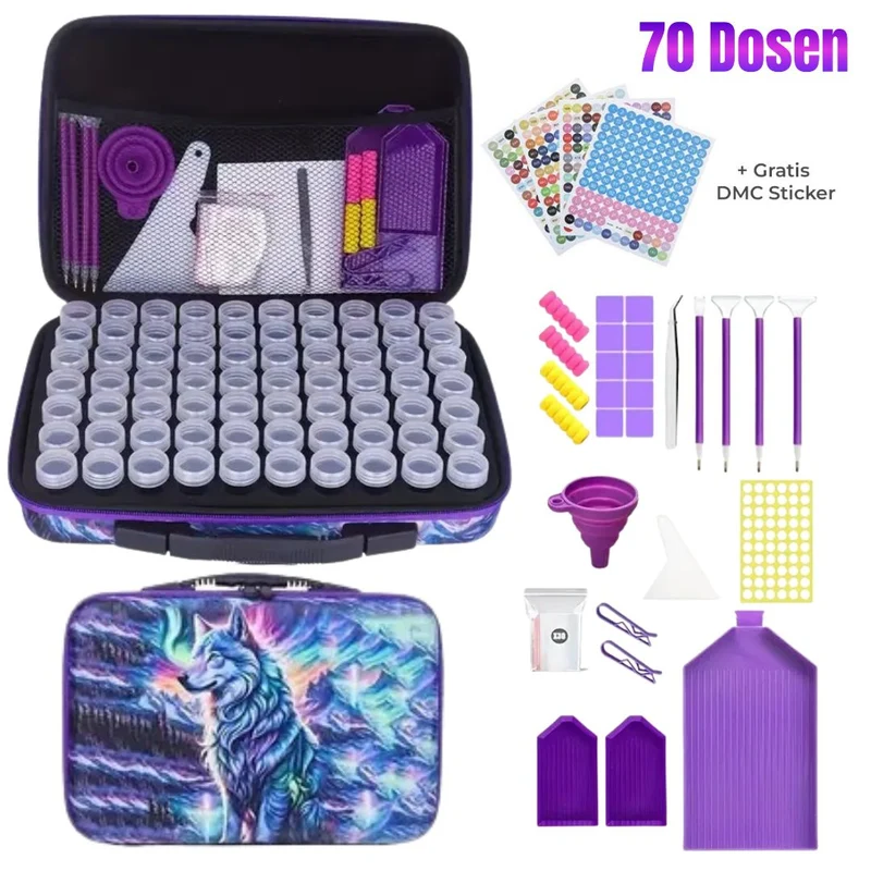 Diamond Painting Koffer Wolf mit 60/70/120 Dosen + Zubehör