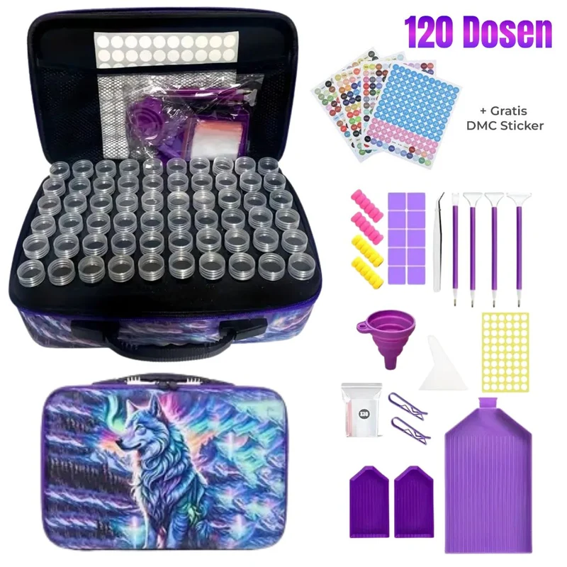 Diamond Painting Koffer Wolf mit 60/70/120 Dosen + Zubehör