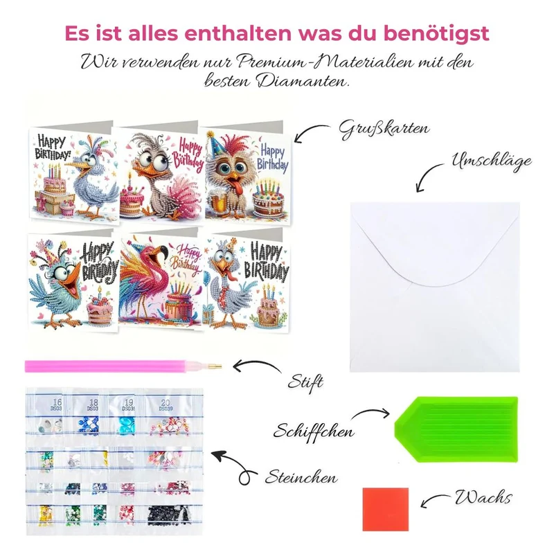5D Diamond Painting Grußkarten – Lustige Geburtstagsvögel
