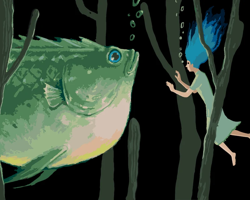 Diamond painting - RIESIGER GRÜNER FISCH MIT EINER FRAU