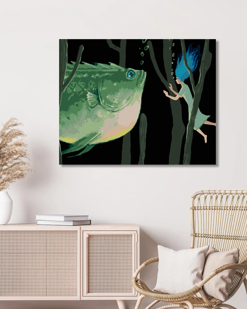 Diamond painting - RIESIGER GRÜNER FISCH MIT EINER FRAU