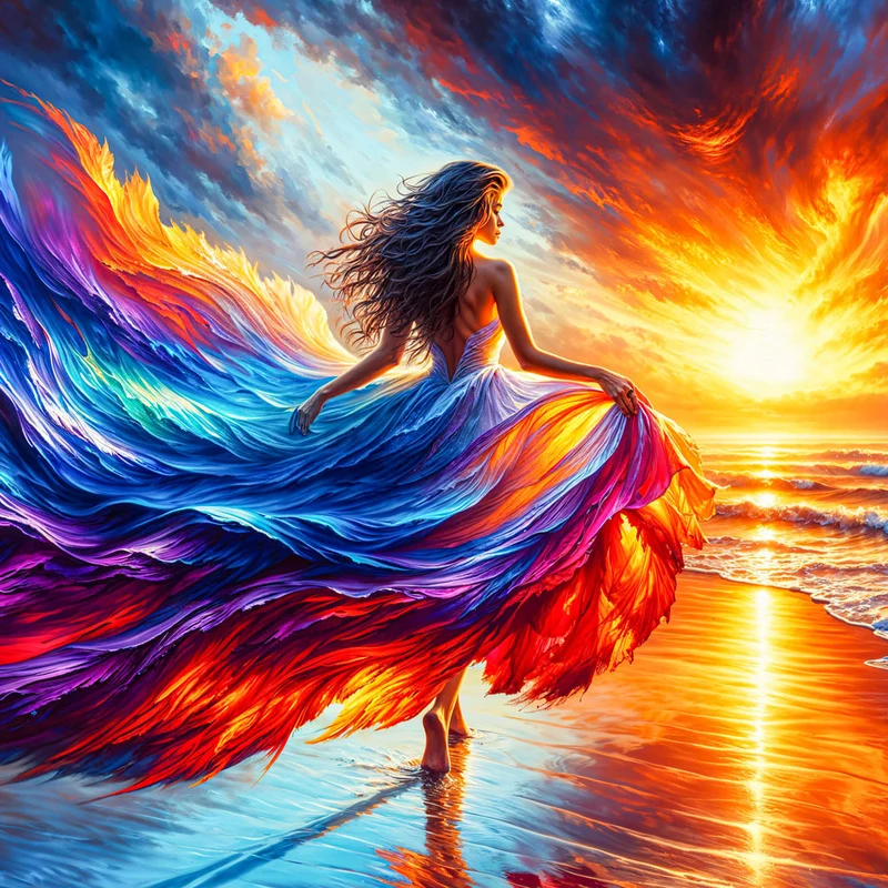 5D Diamond Painting – Elenas Feuerkleid im Sonnenuntergang