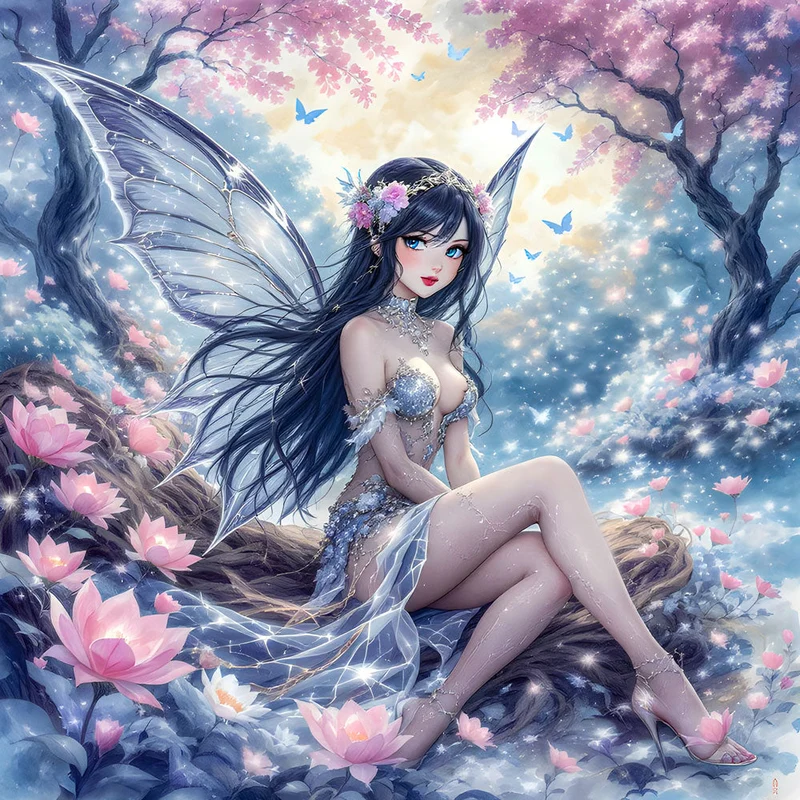 5D Diamond Painting – Elfenlicht Lyra im Kirschblütenhain