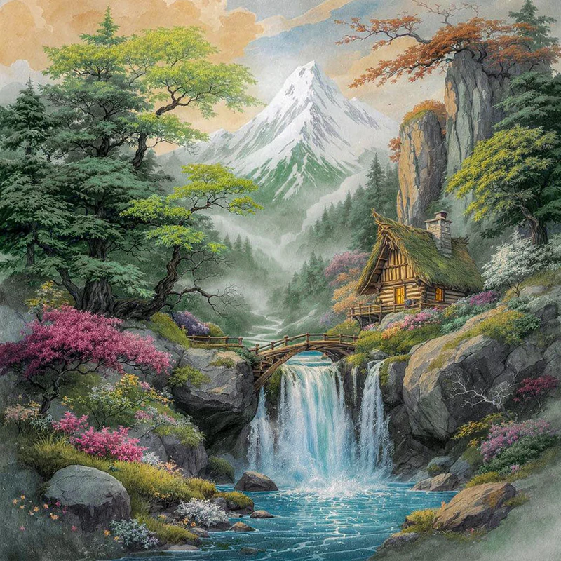 5D Diamond Painting – Zauberhütte am Wasserfall