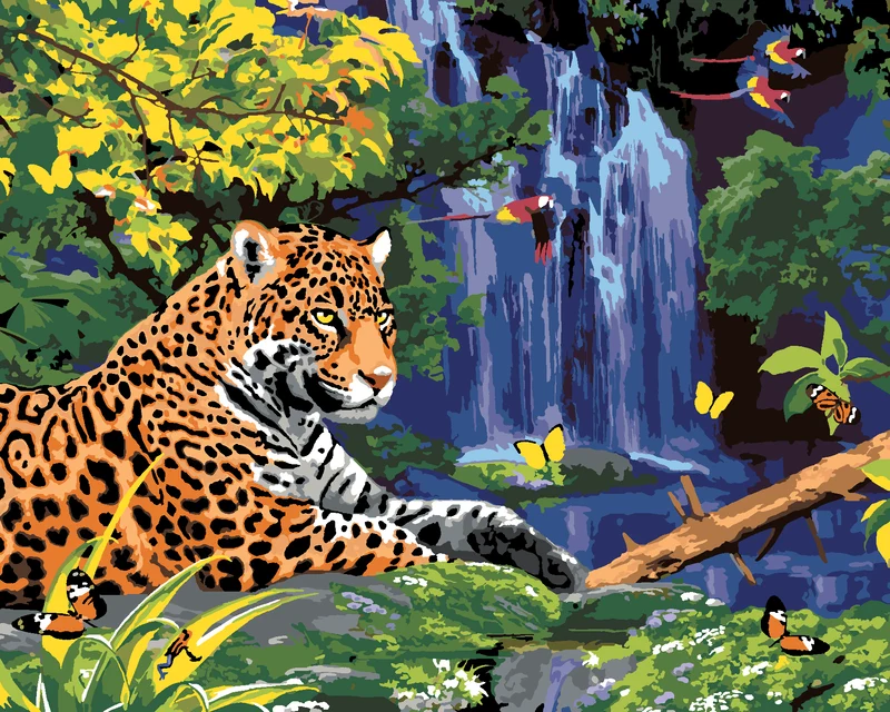 Diamond painting - JAGUAR AM WASSERFALL UND PAPAGEIEN (HOWARD ROBINSON)