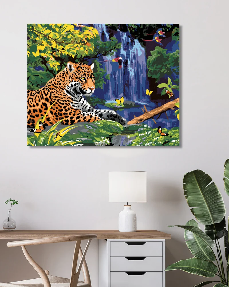 Diamond painting - JAGUAR AM WASSERFALL UND PAPAGEIEN (HOWARD ROBINSON)