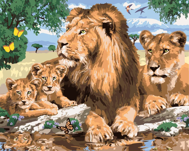 Diamond painting - LÖWE UND LÖWIN MIT JUNGTIEREN (HOWARD ROBINSON)
