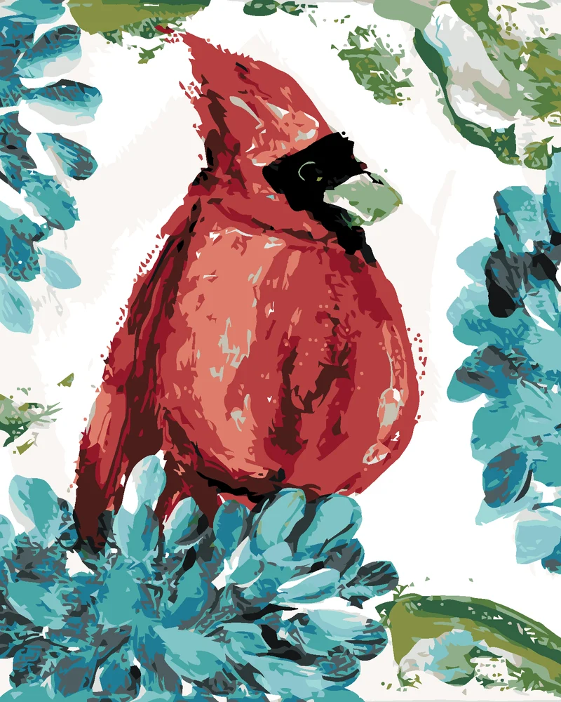 Diamond painting - ROTER VOGEL UND HORTENSIE (HALEY BUSCH)