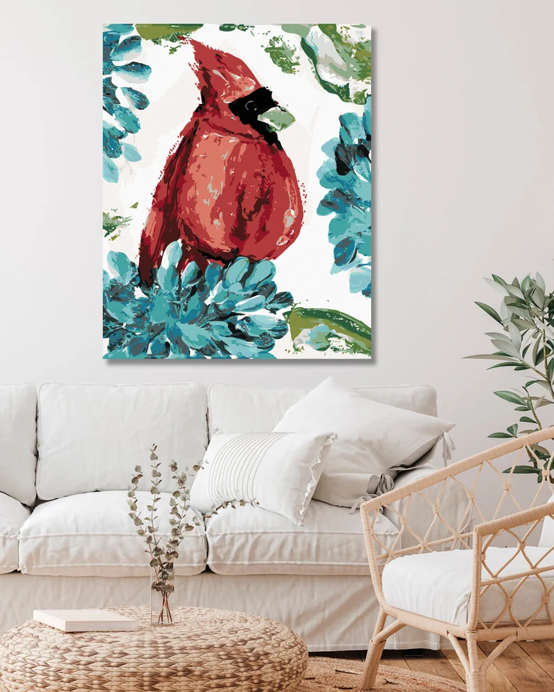 Diamond painting - ROTER VOGEL UND HORTENSIE (HALEY BUSCH)