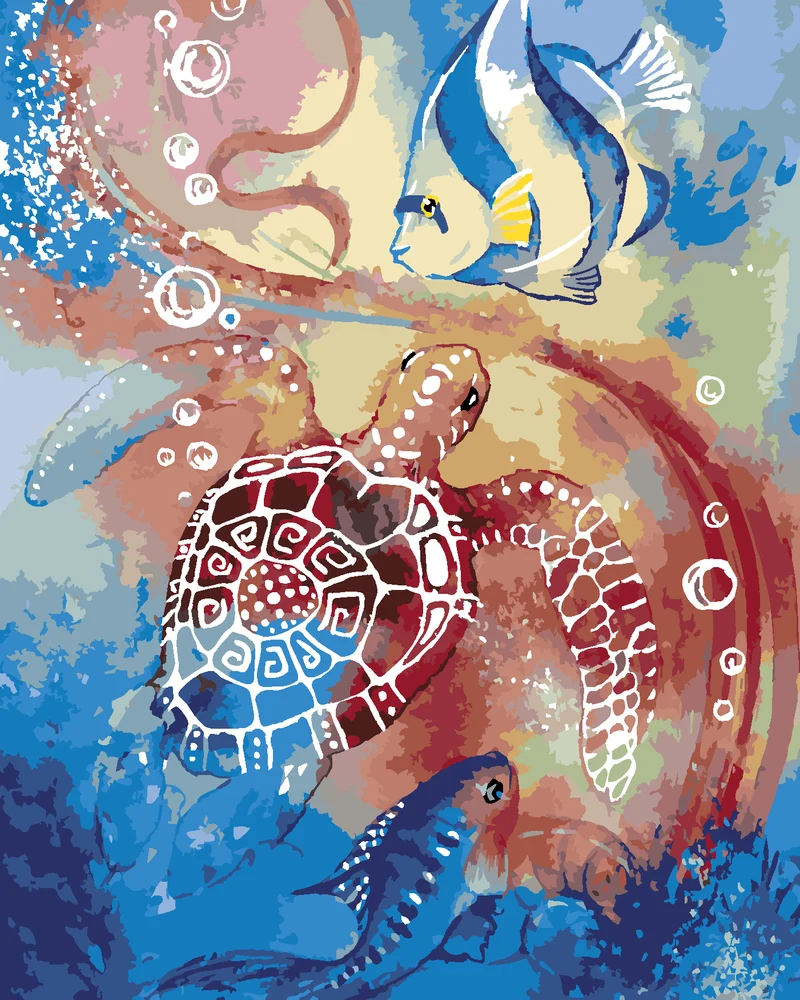 Diamond painting - MEERESSCHILDKRÖTE UND FISCHE