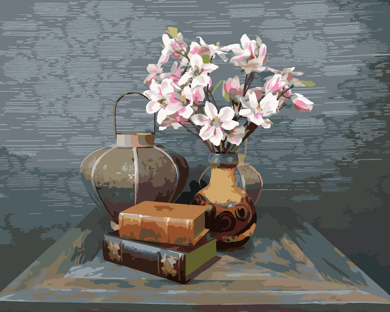 Diamond painting - STILLLEBEN MIT MAGNOLIEN UND ALTEN BÜCHERN AUF DEM TISCH