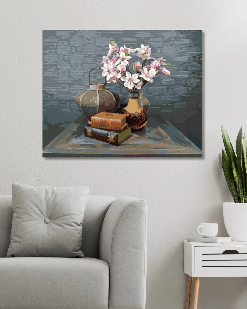 Diamond painting - STILLLEBEN MIT MAGNOLIEN UND ALTEN BÜCHERN AUF DEM TISCH