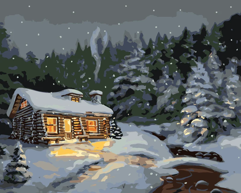 Diamond painting - VERSCHNEITES BLOCKHAUS BEI NACHT (D. RUSTY RUST)