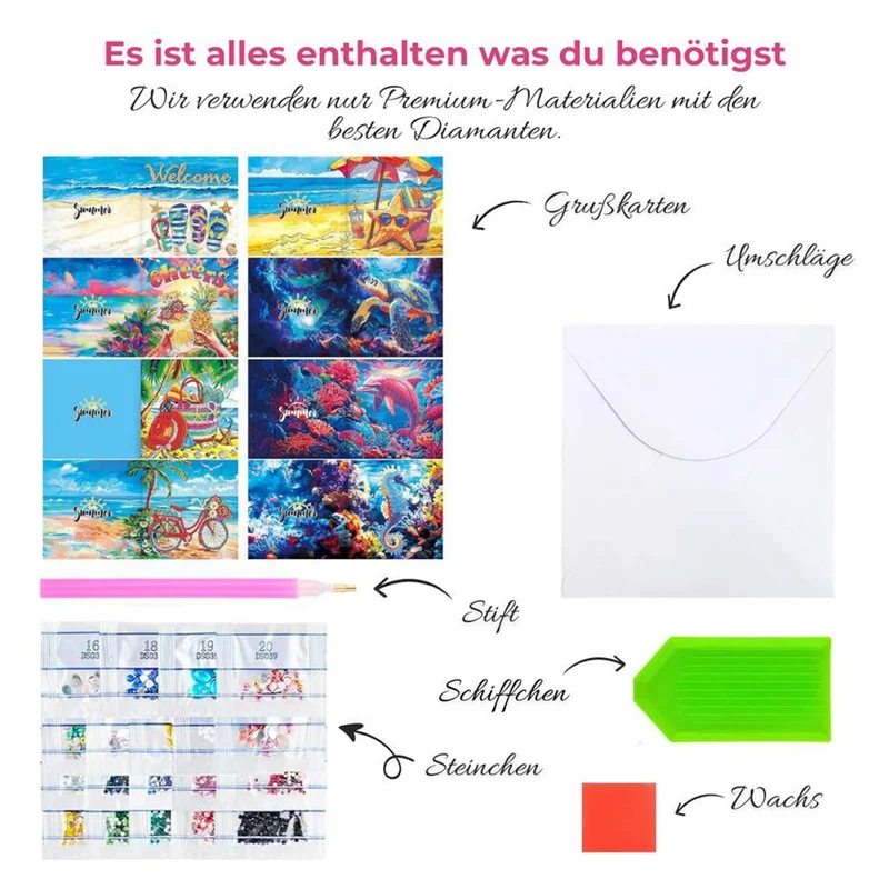 5D Diamond Painting Grußkarten – Tropische Sommerfreude 8 Stück