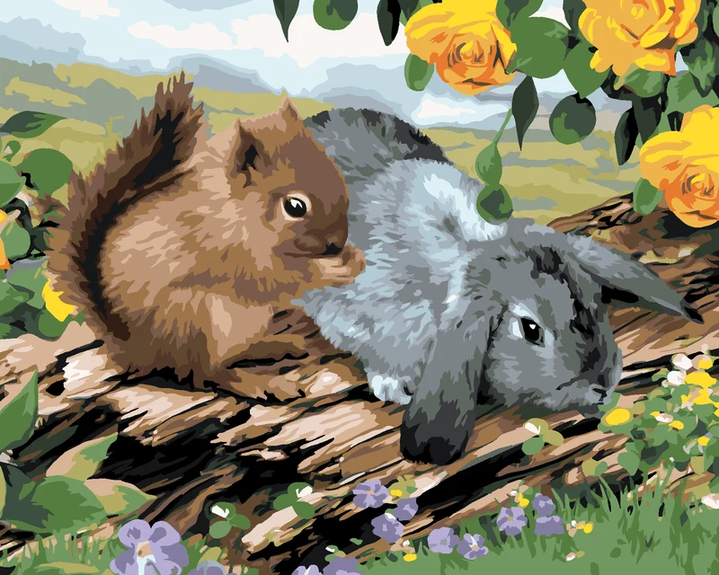 Diamond painting - EICHHÖRNCHEN UND KANINCHEN AUF EINEM BAUMSTUMPF (HOWARD ROBINSON)