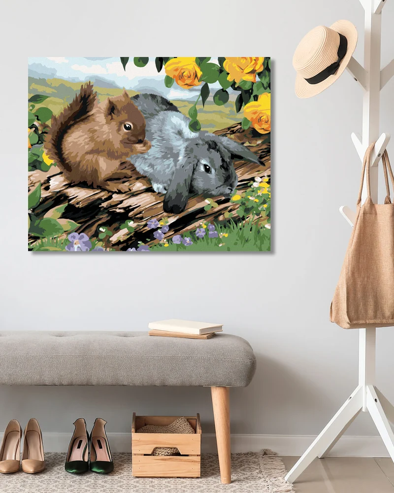Diamond painting - EICHHÖRNCHEN UND KANINCHEN AUF EINEM BAUMSTUMPF (HOWARD ROBINSON)