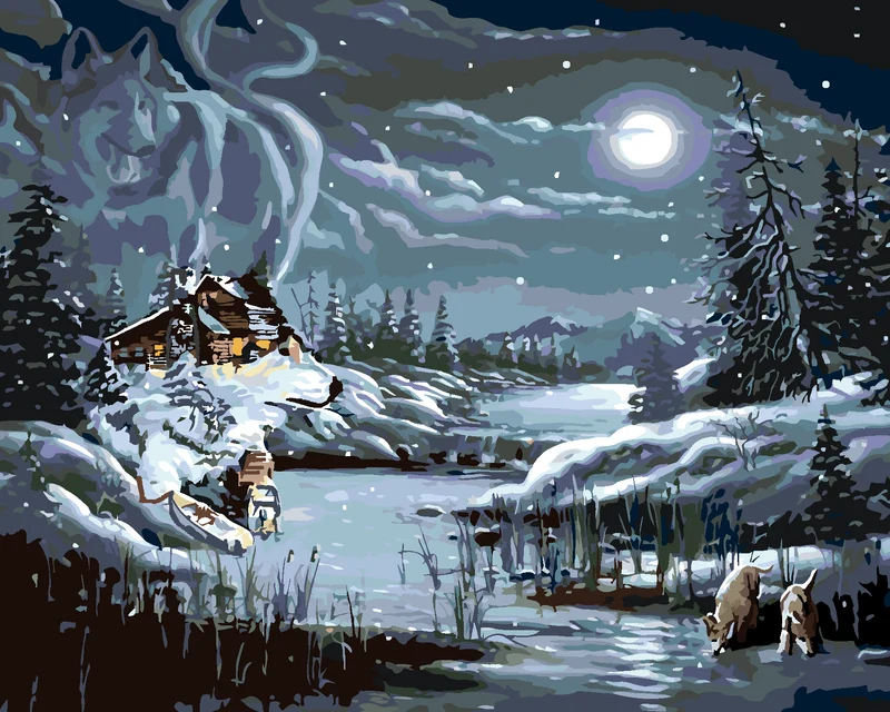 Diamond painting - VOLLMOND, HÜTTE UND WOLF IM WINTER (D. RUSTY RUST)