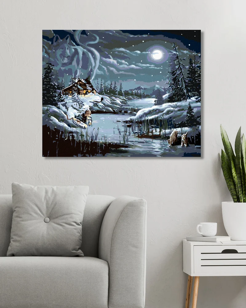 Diamond painting - VOLLMOND, HÜTTE UND WOLF IM WINTER (D. RUSTY RUST)