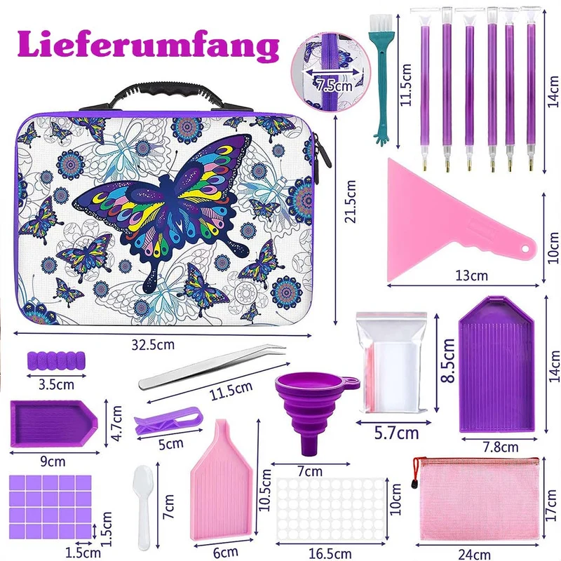 Diamond Painting Koffer Schmetterling mit 70 Fächer + Zubehör