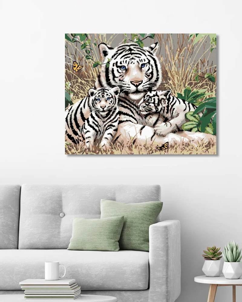 Diamond painting - WEISSER TIGER UND JUNGTIERE IM GRAS (HOWARD ROBINSON)