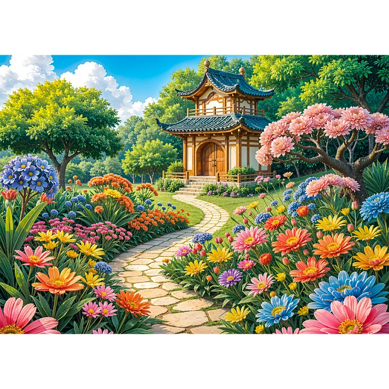 5D Diamond Painting - Blütenpfad zum Tempel