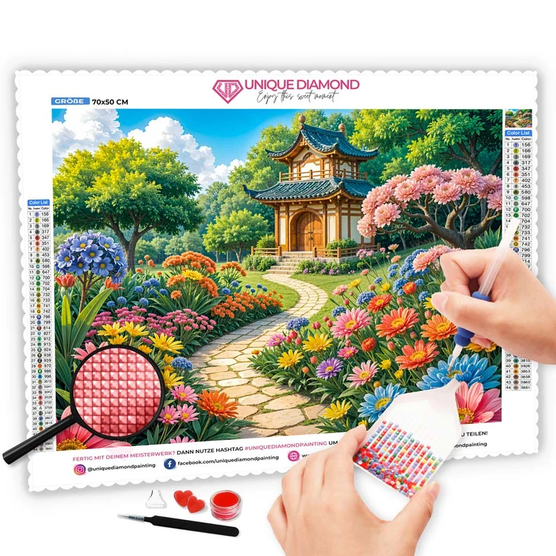 5D Diamond Painting - Blütenpfad zum Tempel